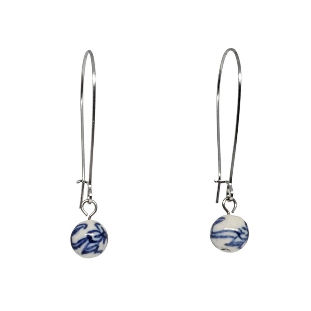 Handmade Blue Ceramic Floral Bead Earrings Silver Kidney Hook Boho Dangle